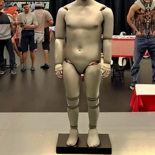 Image similar to “a realistic detailed photo of a guy who is an attractive humanoid who is half robot and half humanoid, who is a male android, American freestyle and folkstyle wrestler from Oklahoma AJ Ferrari, shiny skin, posing like a statue, blank stare, at college, on display”