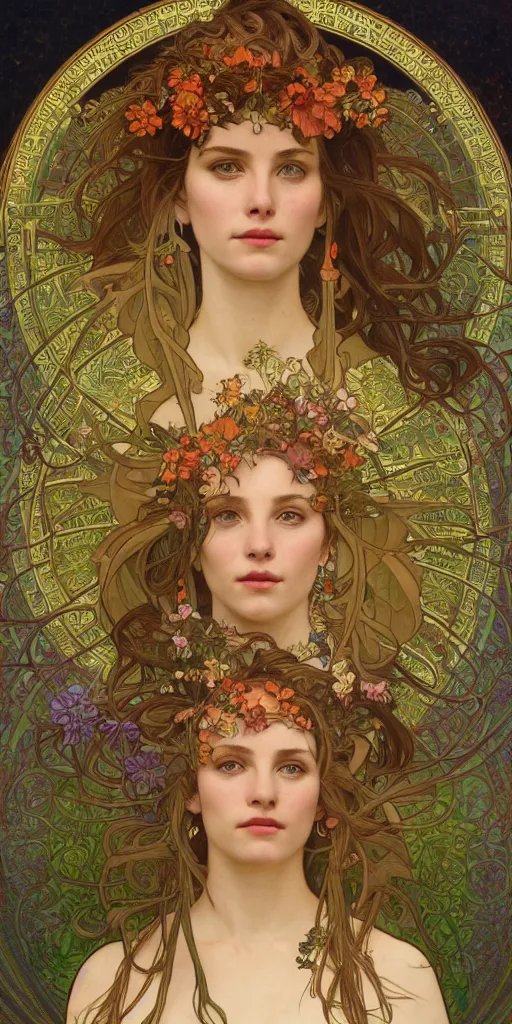 Image similar to a portrait of a beautiful female godess of spring, by Mohrbacher and Moebius and Alphonse Mucha and Roger Deakins, cinematic lighting, masterpiece, highly detailed, 8k resolution, trending on art station