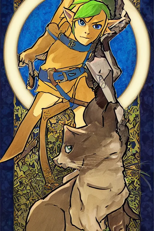 Image similar to link from The Legend of Zelda: Breath of the wild playing with a cat by and mucha,geometric shapes, hard edges ,Visual Communication Design