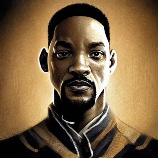 Image similar to “Portrait of Will Smith by Greg Rutkowski, young, manly, attractive, strong, older brother vibes, highly detailed portrait, scifi, digital painting, artstation, concept art, smooth, sharp foccus ilustration, Artstation HQ”