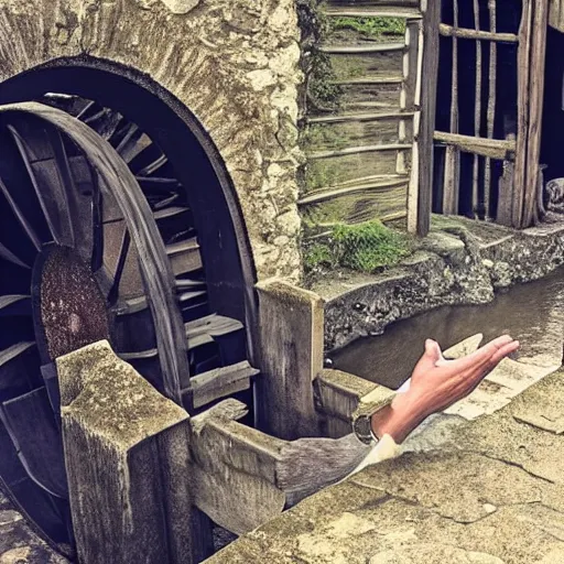 Image similar to fingers on a watermill wheel swiping up on a smartphone