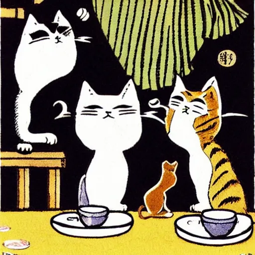 Image similar to cats drinking cups of coffee, in the style of Japanese illustration, Maurice Sendak, Tove Jansson