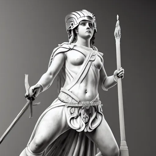 Prompt: a realistic greek white marble statue of emma watson as athena wearing a armour and a spartan helmet brandishing a spear and shield, displayed in a museum art gallery, moody, dramatic lighting, dark, photorealistic, cinematic scene, super detailed, hyper realistic, bright lights, 8 k