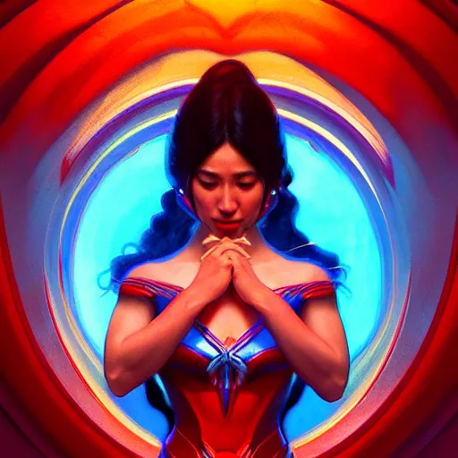 Image similar to jennylyn mercado as darna, volumetric lights, red and cyan theme, art nouveau botanicals, intricate, highly detailed, digital painting, artstation, concept art, smooth, sharp focus, cinematic, illustration, beautiful face, art by artgerm and greg rutkowski and alphonse mucha