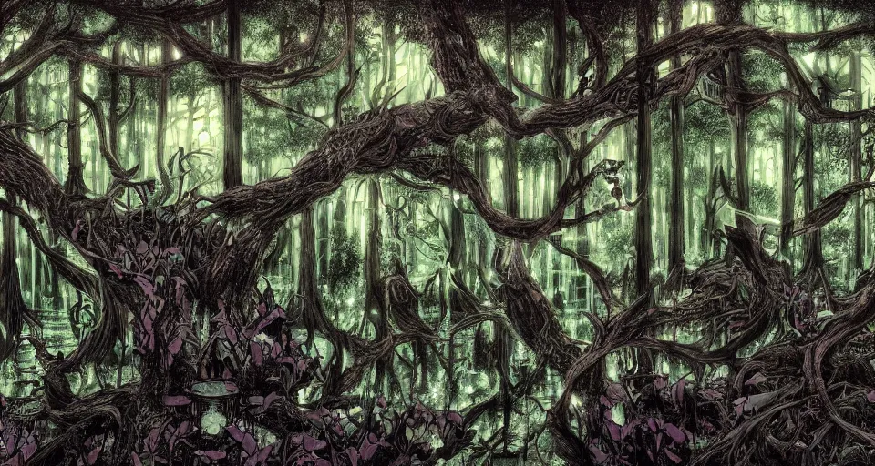 Image similar to A dense and dark enchanted forest with a swamp, by Hideaki anno