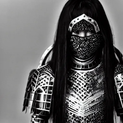 Prompt: blurred fashion photo of an asian girl with long white hair and black eyes wearing elden ring armor with abstract black and white patterns in the background, noisy film grain effect, closeup portrait shot, weird camera angle