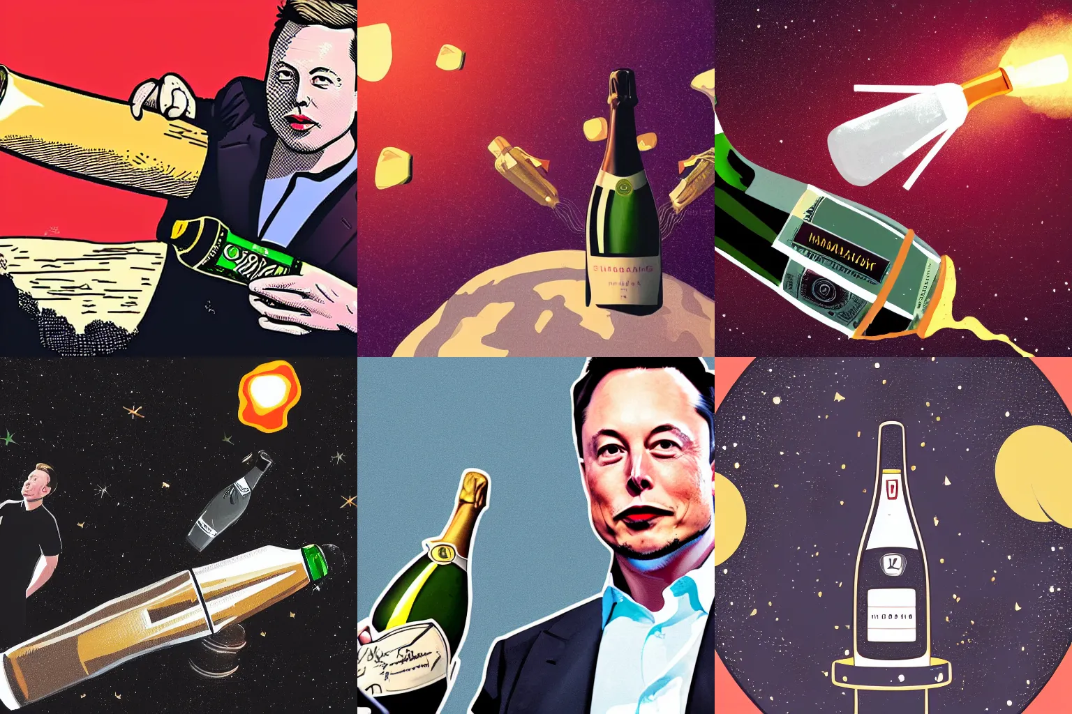 Prompt: illustration of elon musk on top of spaceship cork blasting off a champagne bottle