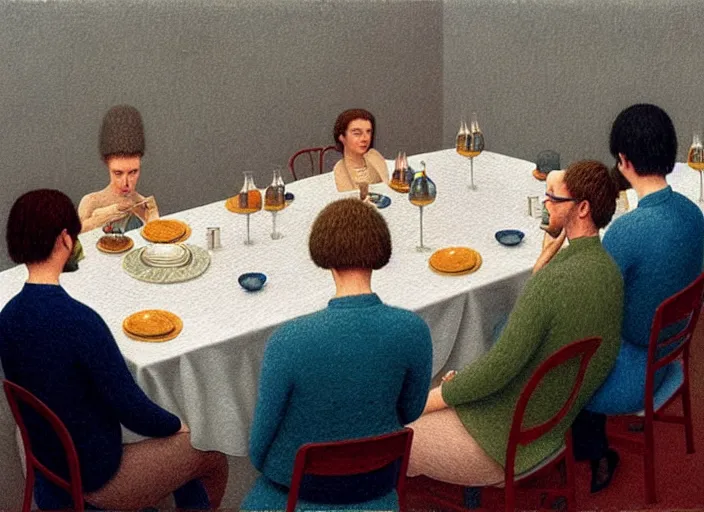 Image similar to a very boring dinner party, painting by quint buchholz, muted colors, gray, dull, boring, low energy, pale blue faces, very detailed