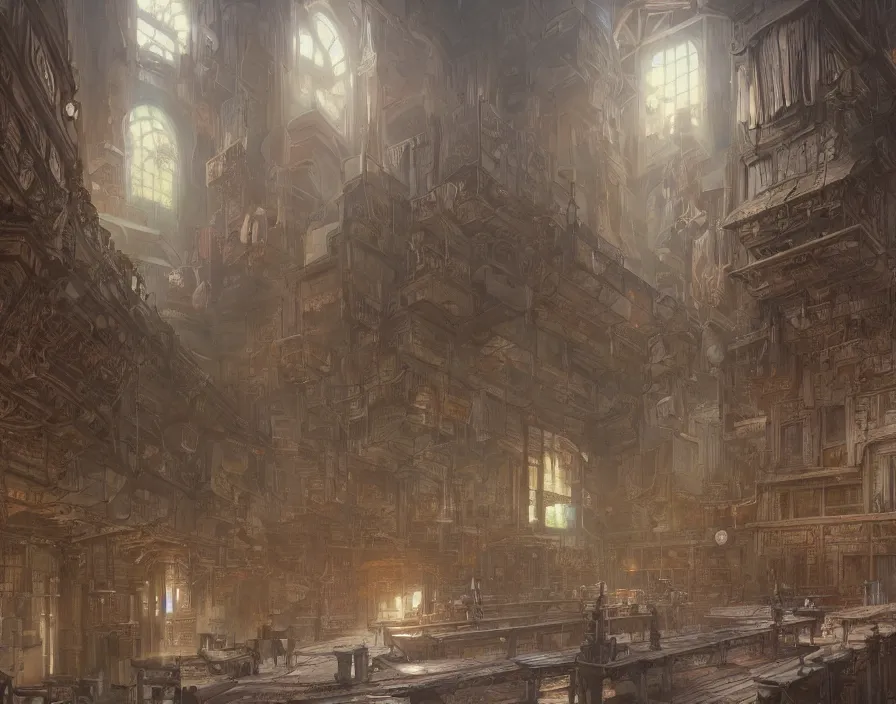 Prompt: a hyper detailed background of a school hall, by dorian cleavenger, greg rutkowski, wlop, astri lohne, zdzisław beksinski trending on artstation