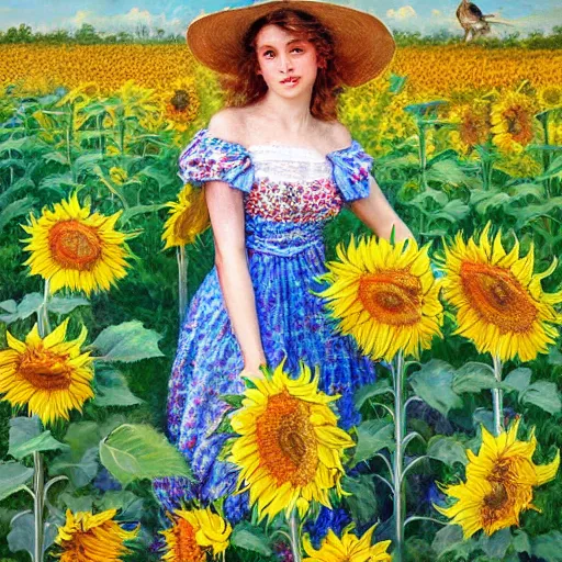 Image similar to a painting of a beautiful farm girl in a field of sunflowers, beautiful day, brushstrokes, by hans zatzka