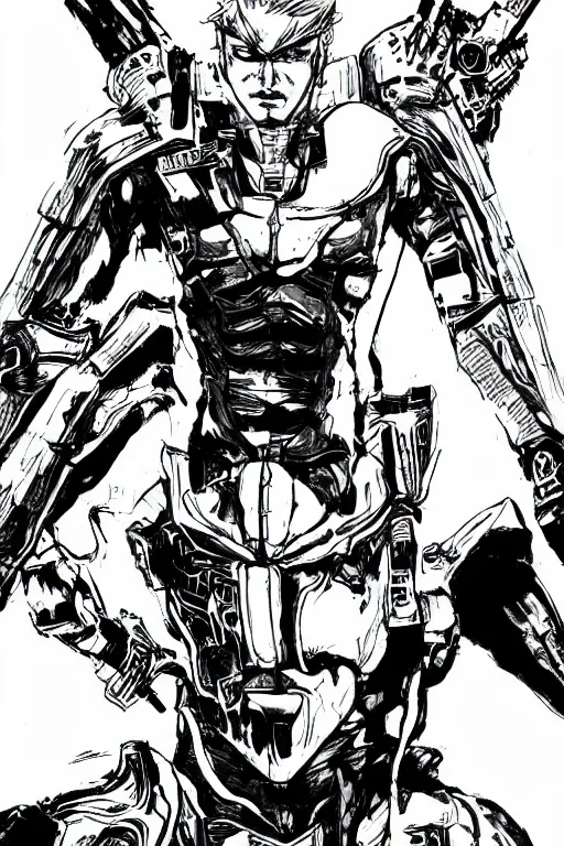 Image similar to raiden from metal gear rising, doing a heroic pose, a page from cyberpunk 2 0 2 0, style of paolo parente, style of mike jackson, adam smasher, johnny silverhand, 1 9 9 0 s comic book style, white background, ink drawing, black and white