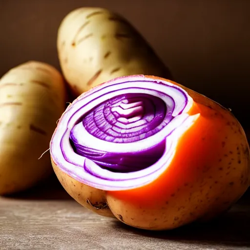 Prompt: a film still of a horror movie featuring a half peeled potato, half peeled carrot, and a red onion, high quality, photography, 8 k, award winning