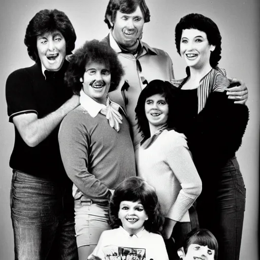 Image similar to vintage 1 9 8 0's sitcom, a happy photogenic family and a large giant evil wet slimy detailed monstrous creature inside a 1 9 8 0's sitcom living room