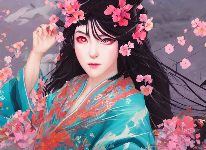 Prompt: character concept art of a girl wearing japanese kimono surrounded by spirit blossoms, wonderful shading, realistic face, concept art, dynamic pose, digital illustration, trending on artstation, intricate details, epic composition, sharp focus, 8 k uhd, masterpiece, league of legends splash art