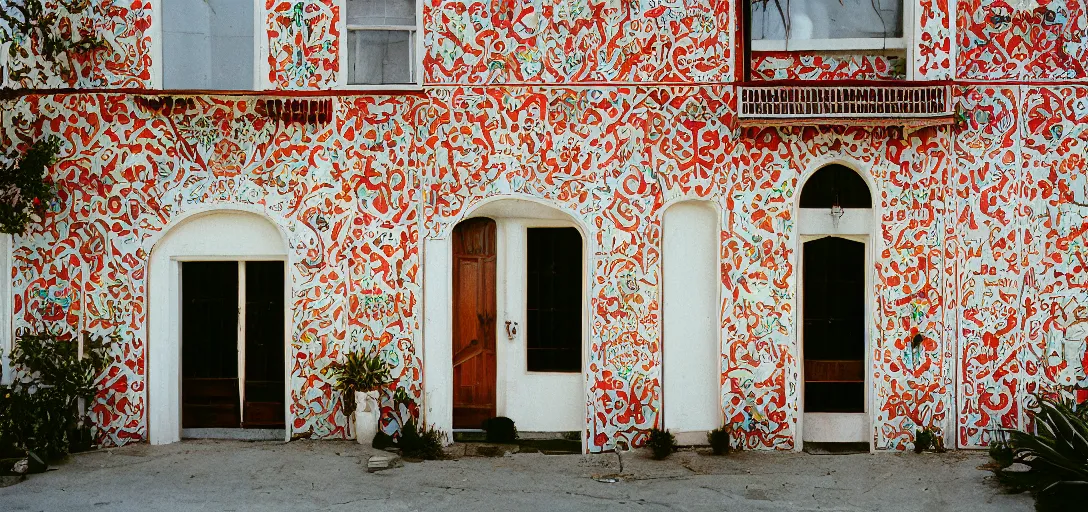 Prompt: exterior of mission revival house with portuguese tiles. monterey, ca. fujinon premista. portra 8 0 0.