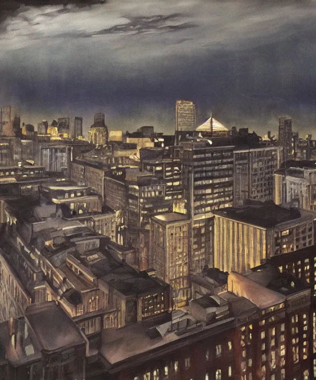 Prompt: horrifying full color photorealistic painting of a 1 9 2 5 hotel terrace overlooking a distored view of downtown boston with a cosmic sky, dark, atmospheric, brooding, smooth, finely detailed, cinematic, epic, in the style of lee gibbons