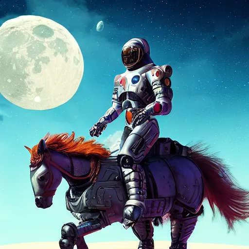 Image similar to A hyper real comic book style portait painting of cyborg riding on a robotic horse on the moon, unreal 5, hyperrealistic, octane render, cosplay, RPG portrait, dynamic lighting
