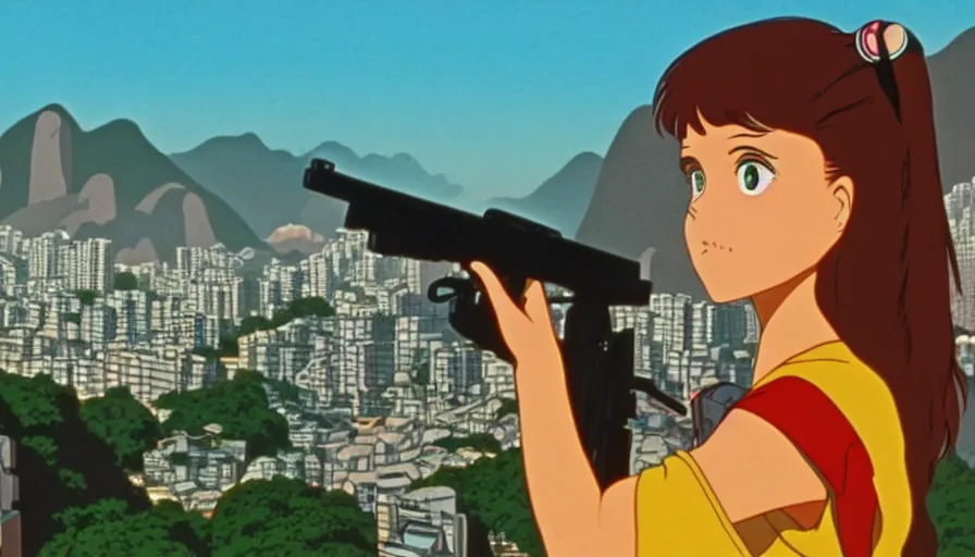 Image similar to 1 9 8 6 movie screencap of a girl with a gun on a rio de janeiro, gucci clothes, studio ghibli sky, beautiful favela background extremely utra high quality artwork 8 k