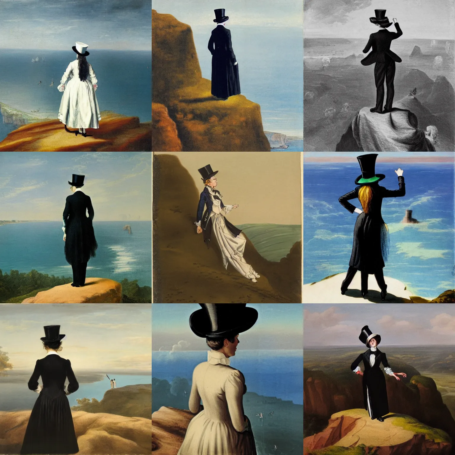 Prompt: a woman wearing a man's top hat and silk tailcoat, looking at the horizon from the top of a cliff