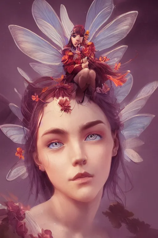 Image similar to portrait, beautiful flower Fairy, face portrait, raphael lacoste, eddie mendoza, alex ross, concept art, matte painting, highly detailed, rule of thirds, dynamic lighting, cinematic, detailed, denoised, centerd