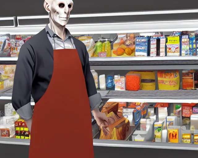 Prompt: Voldemort working in Sainsbury wearing an apron at the checkout counter, concept art, artstation