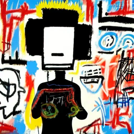 Prompt: a man wearing a virtual reality headset, art by jean-michel basquiat