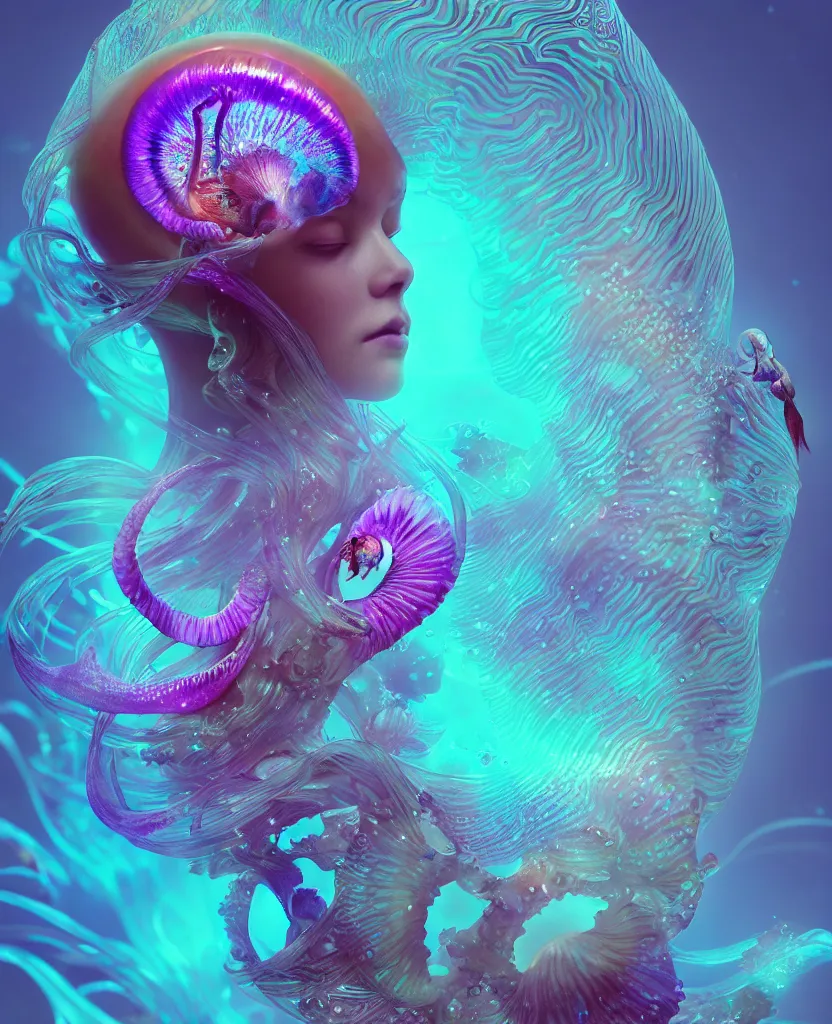 Image similar to goddess close-up portrait. dichroic orchid jellyfish phoenix head, nautilus, skull, betta fish, bioluminiscent creatures, intricate artwork by Tooth Wu and wlop and beeple. octane render, trending on artstation, greg rutkowski very coherent symmetrical artwork. cinematic, hyper realism, high detail, octane render, 8k