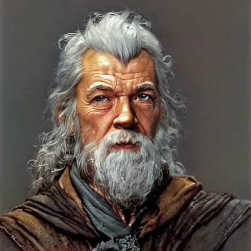 Prompt: Gandalf Stormcloak head and shoulders portrait by norman Rockwell, epic