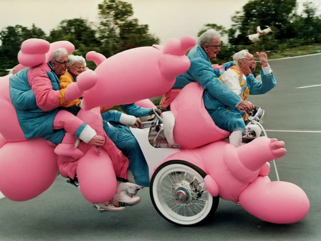 Image similar to a martin parr photo of a grandpa couple, wearing michelin man white body costumes, going super fast on a pink pig, 1 9 7 0 s kodachrome colour photo, flash on camera,