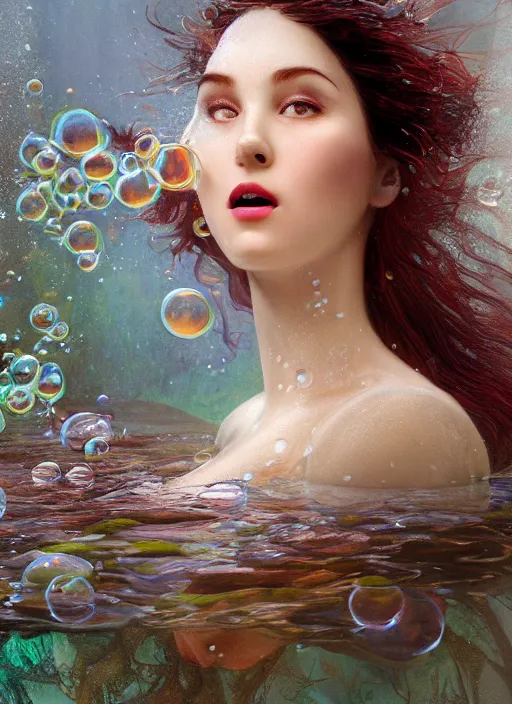 Prompt: hyper realist matte digital painting of a beautiful woman, beautiful face, underwater photography, full body, jugendstill, floating in water, flowing gown, bubbles rising, seaweed, headspace, fairytale, fantasy art, photo realistic, dynamic lighting, artstation, volumetric lighting, by mucha, by charlie bowater, by karol bak, by alma tadema