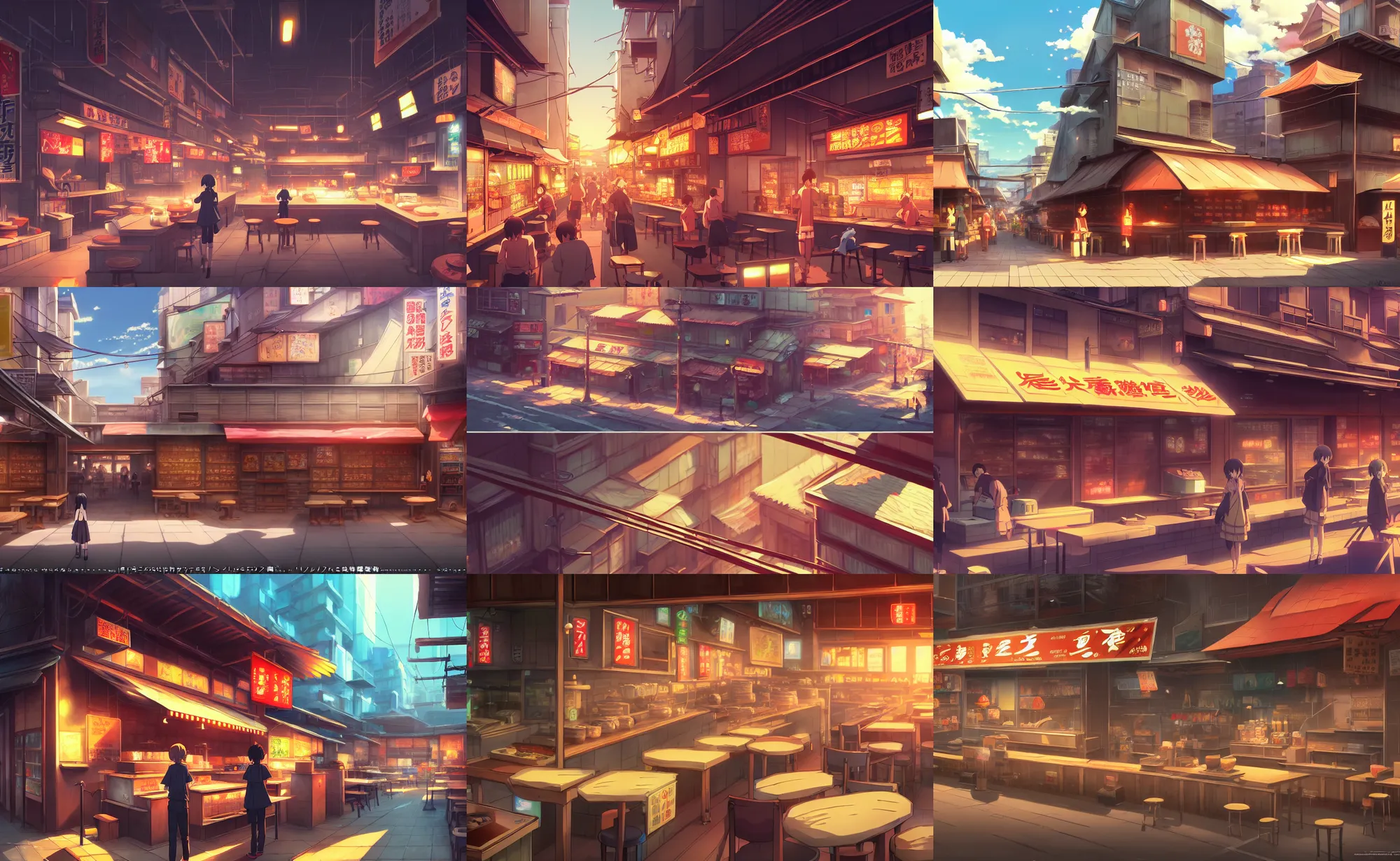 Prompt: an anime movie background matte painting of a ramen shop | | by makoto shinkai, trending on artstation, highly detailed
