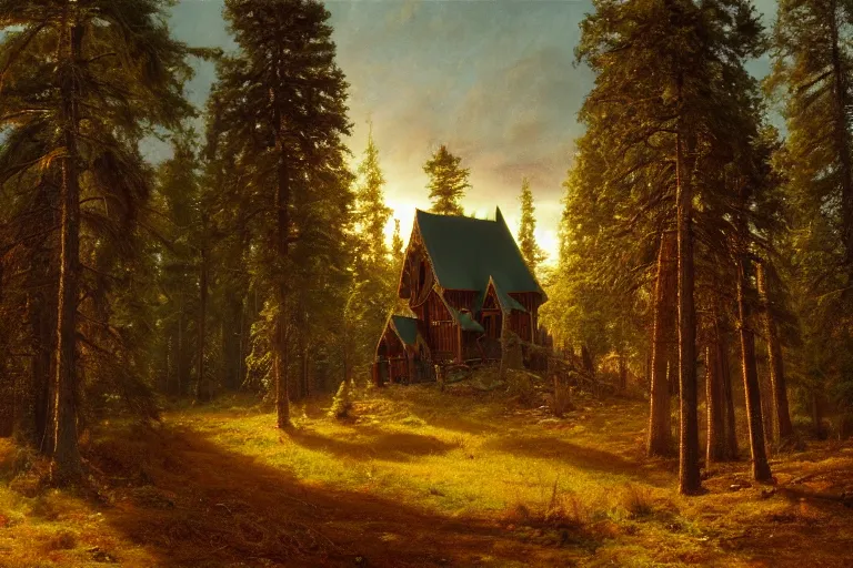 Prompt: small black wooden stave church in the distance in pine forest, very detailed, focused, oil painting, colorful, cinematic lighting, canvas, artstation, Albert Bierstadt, Hermann Hendrich