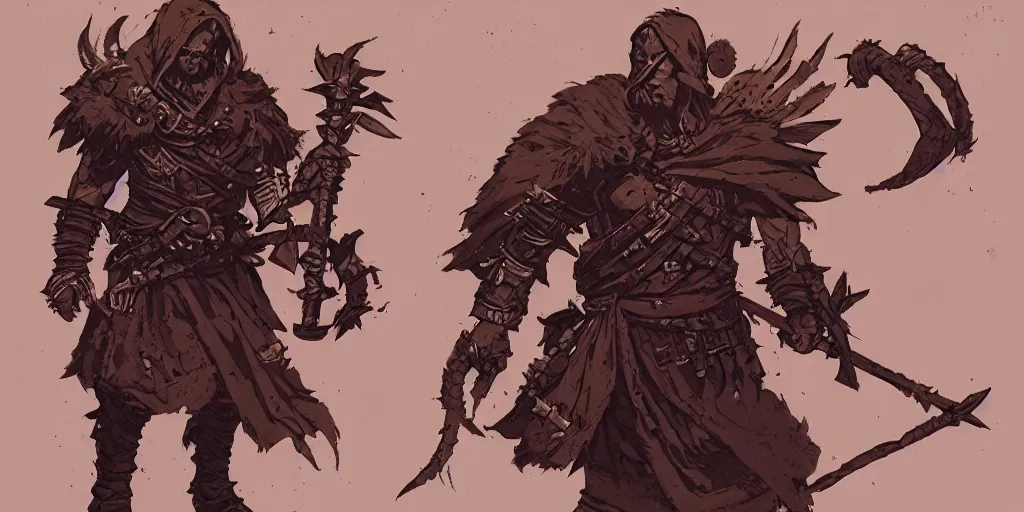 Image similar to warrior character design, idle, attack, sprite, darkest dungeon, pc game, sideview, art by moebius and greg rutkowski.