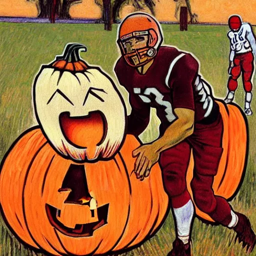 Image similar to painting of arkansas razorbacks players using a pumpkin as a football at the halloween jack o'lantern party, elegant, clear, painting, stylized, delicate, soft facial features, art, art by alphonse mucha, vincent van gogh, egon schiele