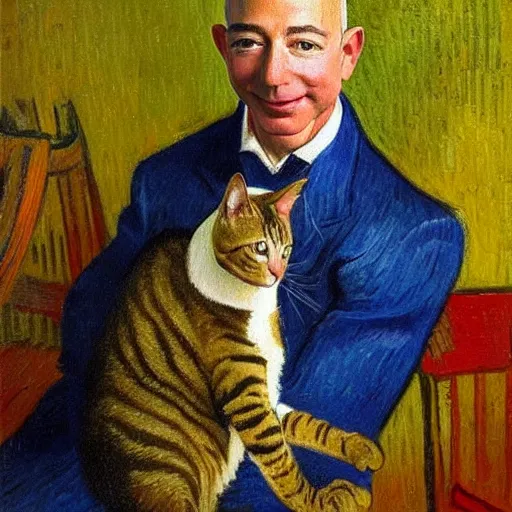 Prompt: a beautiful oil painting of jeff bezos holding a cat, 8k , award winning , made in 1800's , old , painted by vincent van gogh
