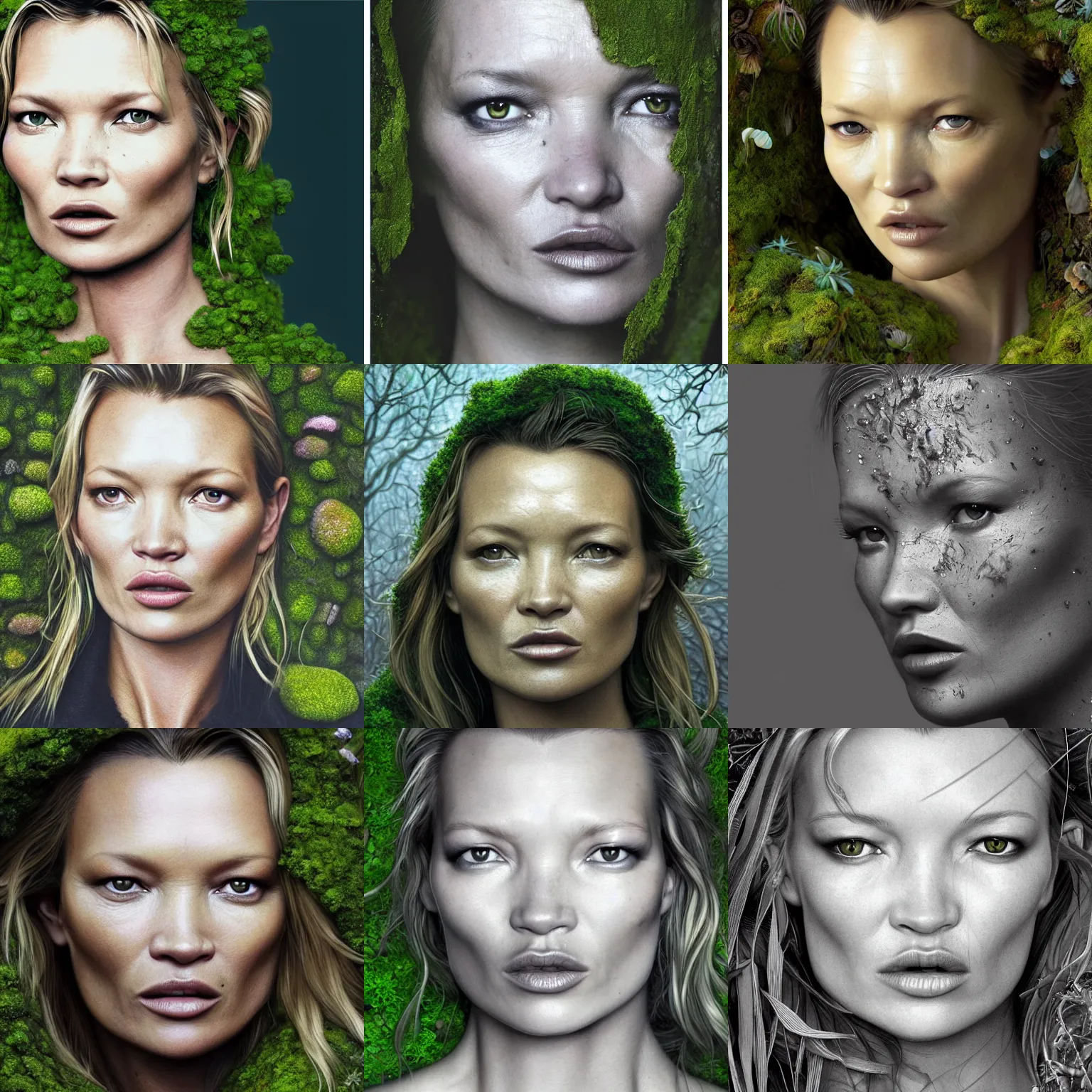 Prompt: portrait isometric drawing, close-up on kate moss in a mossy garden costume, moss on her face and her skin, intricate, epic lighting, cinematic composition, hyper realistic, 8k resolution, unreal engine 5, by Artgerm, tooth wu, dan mumford, beeple, wlop, rossdraws, James Jean, Andrei Riabovitchev, Marc Simonetti, yoshitaka Amano, Artstation