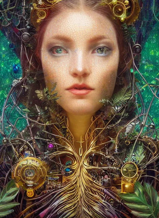 Image similar to oil painting of android woman covered by plants and crystals in the mystical forest, beautiful symmetrical face, renaissance style, wires and cords, golden steampunk, retro futurism, sci - fi, filigree jewellery, baroque, cinematic light, mystical shadows, 8 k