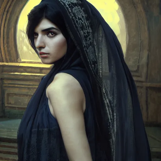 Image similar to a Photorealistic dramatic hyperrealistic render of an arab ameera al taweel, blue eyes, black hair, white veil,by WLOP,Artgerm,Greg Rutkowski,Alphonse Mucha, Beautiful dynamic dramatic dark moody lighting,shadows,cinematic atmosphere,Artstation,concept design art,Octane render,8K