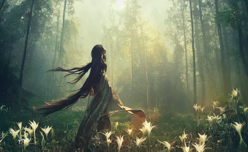 Image similar to beautiful Himalayan woman, sci-fi tibetan fashion, brown very very long hair, somber, scene of a summer forest with glowing blue lillies, dramatic light, wide angle, dramatic pose, dramatic angle , 8k hdr pixiv by Makoto Shinkai and Wojtek Fus