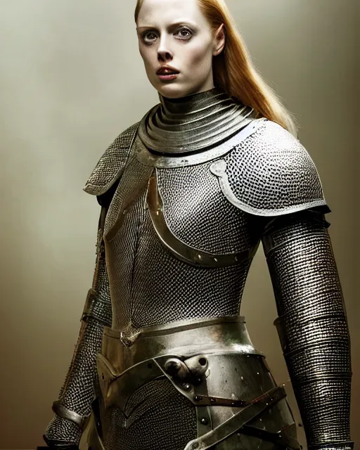 Image similar to HD portrait by Annie Leibovitz of Deborah Ann Woll as a medieval knight wearing a chainmail hauberk.