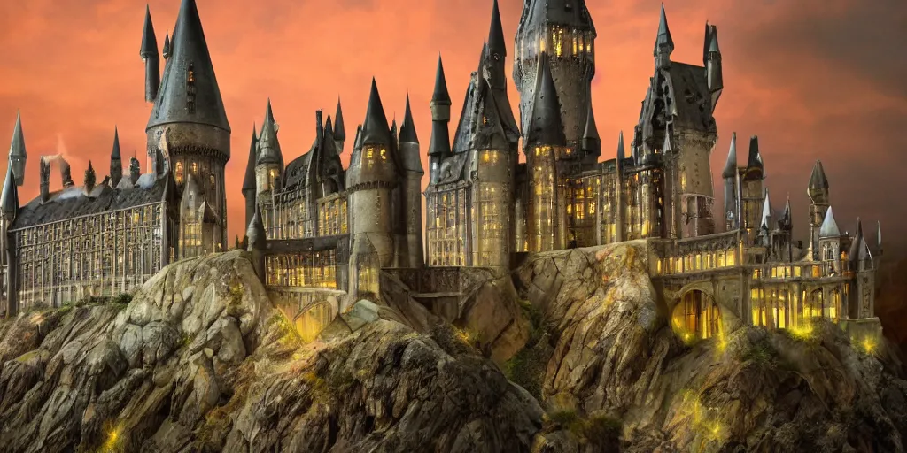 Prompt: insanely detailed long shot of hogwarts castle at night with glowing windows