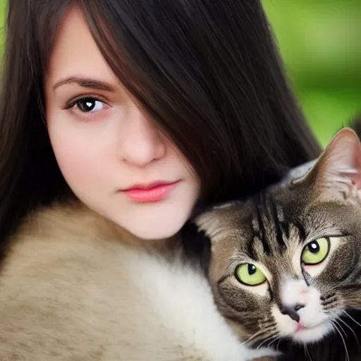 Image similar to a girl with long dark hair, big shiny dark eyes holding a cat in her arms, a stock photo by juan villafuerte and minerva j. chapman, pexels contest winner, high quality photo, rtx, hd, tumblr contest winner, anime, pretty, shiny eyes, sensual