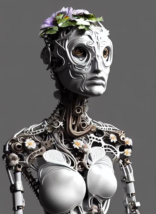 Image similar to bw 3 d model, biomechanical female cyborg with porcelain profile face and a big floral eye, big leaves foliage and stems, morning glory flowers, hibiscus flowers, boho floral vines, sinuous fine roots, fine filigree foliage lace, alexander mcqueen, rim light, art nouveau fashion pearl embroidered, steampunk, redshift render, artstation, 8 k