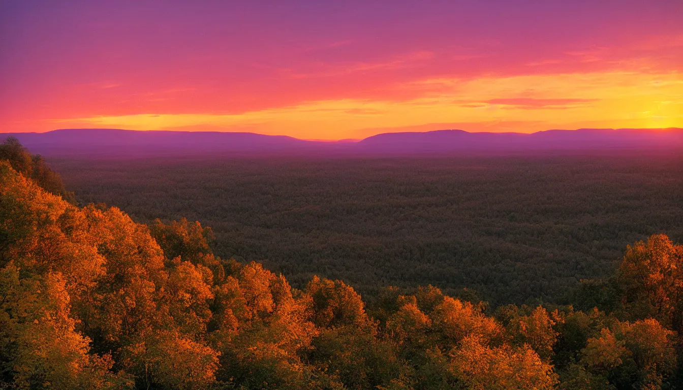 Prompt: a river valley at sunset, photograph with lighting by frederic edwin church, golden hour, nature, 2 4 mm lens, fujifilm, fuji velvia, flickr, 5 0 0 px, award winning photograph, highly detailed, beautiful capture, rule of thirds, crepuscular rays