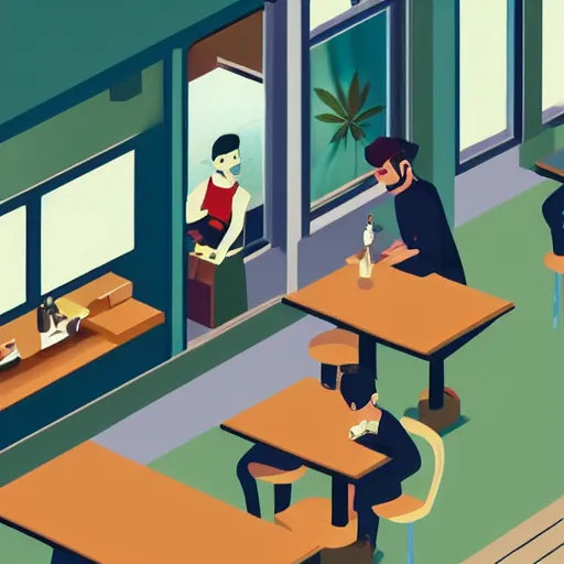 Prompt: barista at customers table : cafe serves cannabis cake for the first time in australia, isometric illustration fun, render in pixar, by darwyn cooke