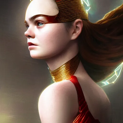 Prompt: portrait of modern darna, elle fanning in prey, intricate, elegant, glowing lights, highly detailed, digital painting, artstation, glamor pose, concept art, smooth, sharp focus, illustration, art by wlop, mars ravelo and greg rutkowski