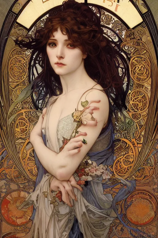 Prompt: realistic detailed face portrait of the The Empress of the Tarot by Alphonse Mucha, Ayami Kojima, Amano, Charlie Bowater, Karol Bak, Greg Hildebrandt, Jean Delville, and Mark Brooks, Art Nouveau, Neo-Gothic, gothic, Tarot card, rich deep moody colors