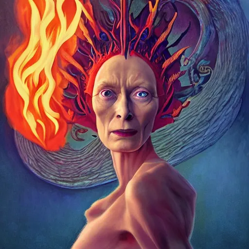 Image similar to queen of hell portrait of Tilda Swinton, fire and flame, big long hell serpent octopus, Pixar style, by Tristan Eaton Stanley Artgerm and Peter Mohrbacher and Tom Bagshaw and Boris Vallejo.