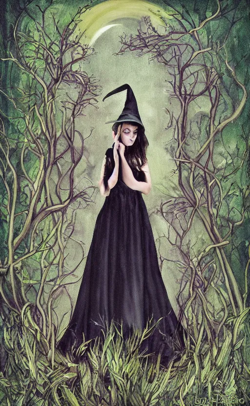 Prompt: mysterious portrait! of a witch!! plants in the background! by gabriela dellosso