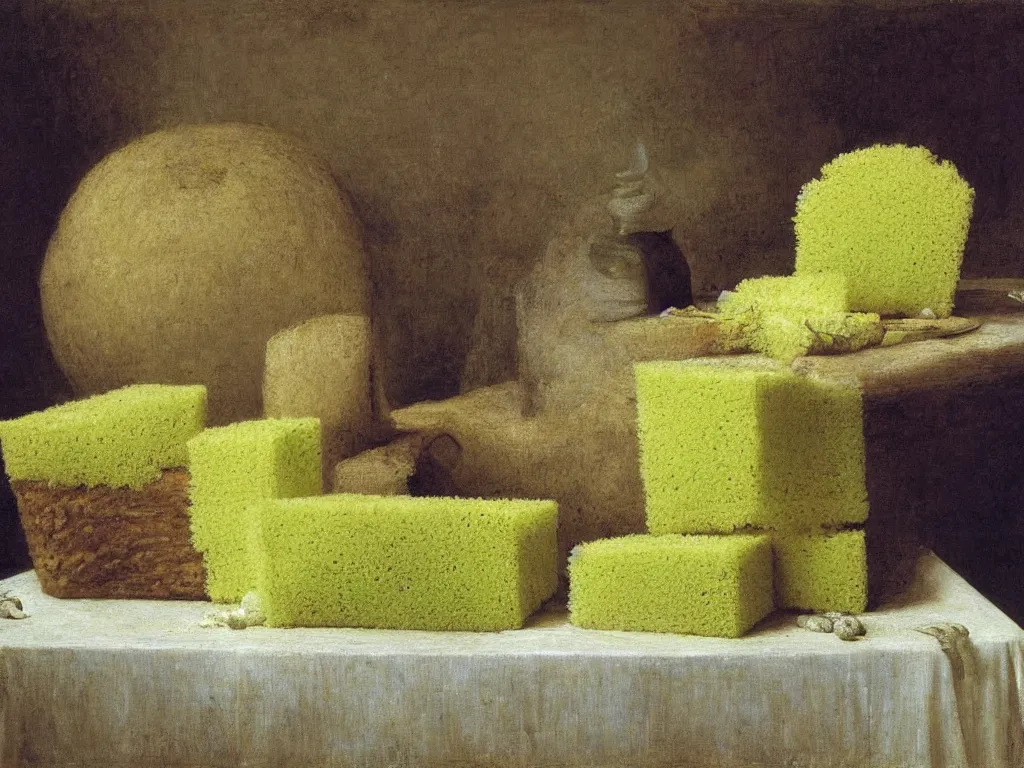 Image similar to still life with fluffy, giant diaphanous green sponge - like mold raising out of an old bread. painting by henri fantin - latour, max ernst, agnes pelton, morandi, walton ford